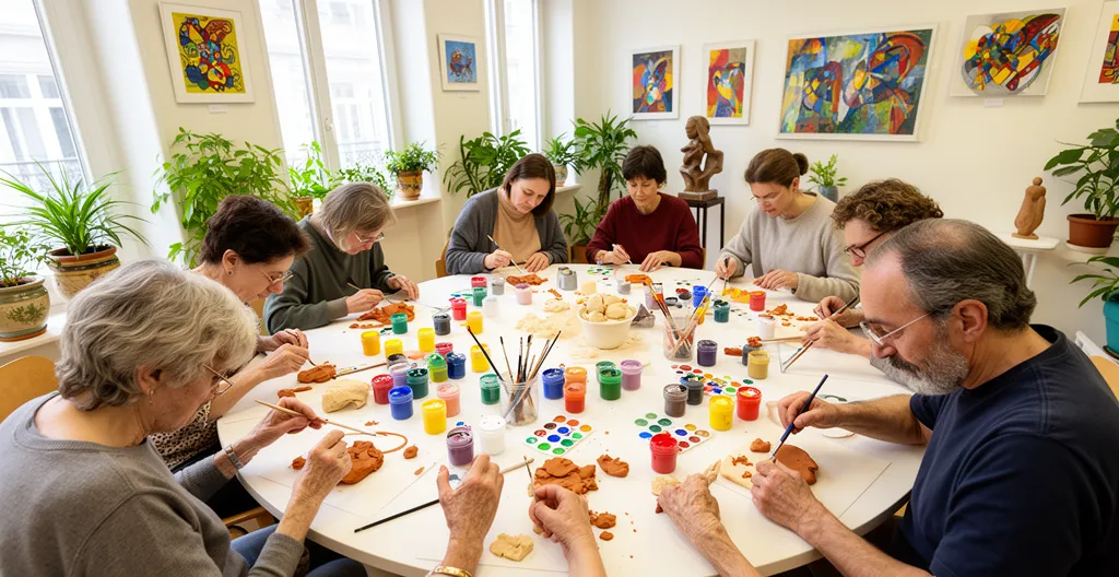 Séance art-thérapie en milieu hospitalier patients concentrés sur création artistique