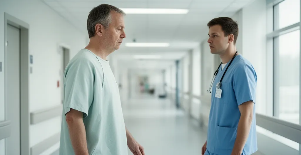 Patient fatigué par chimiothérapie marchant dans couloir hôpital accompagné soignant