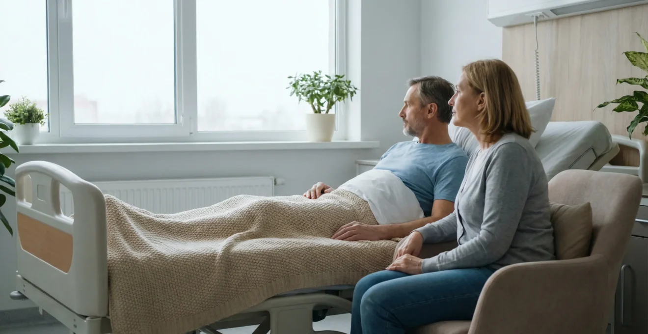 Accompagnement patient cancéreux dans chambre d'hôpital lumineuse moment de présence silencieuse