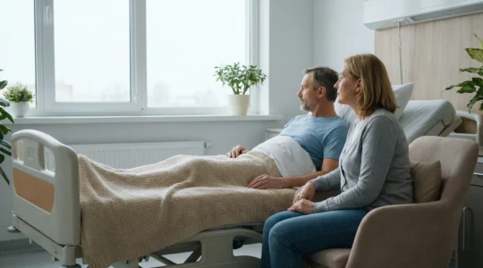Accompagnement patient cancéreux dans chambre d'hôpital lumineuse moment de présence silencieuse